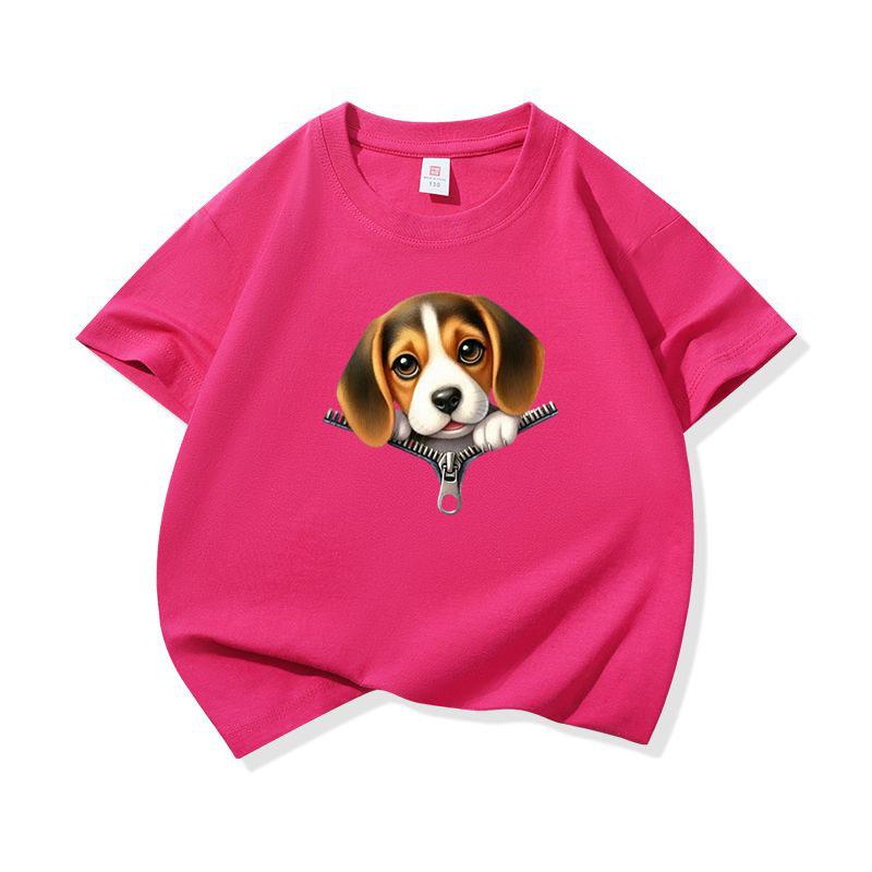 Kids Cotton T Shirt Cute Beagle Puppy Dog Zipper Print Crew Neck Short Sleeve Tee Casual Breathable Boys Girls Summer Tops