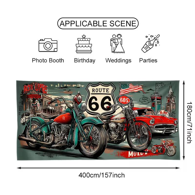 Toile de fond polyester Route 66 2D, Arrière-plan Vintage Moto Biker pour Fête de Biker & Décor Mural
