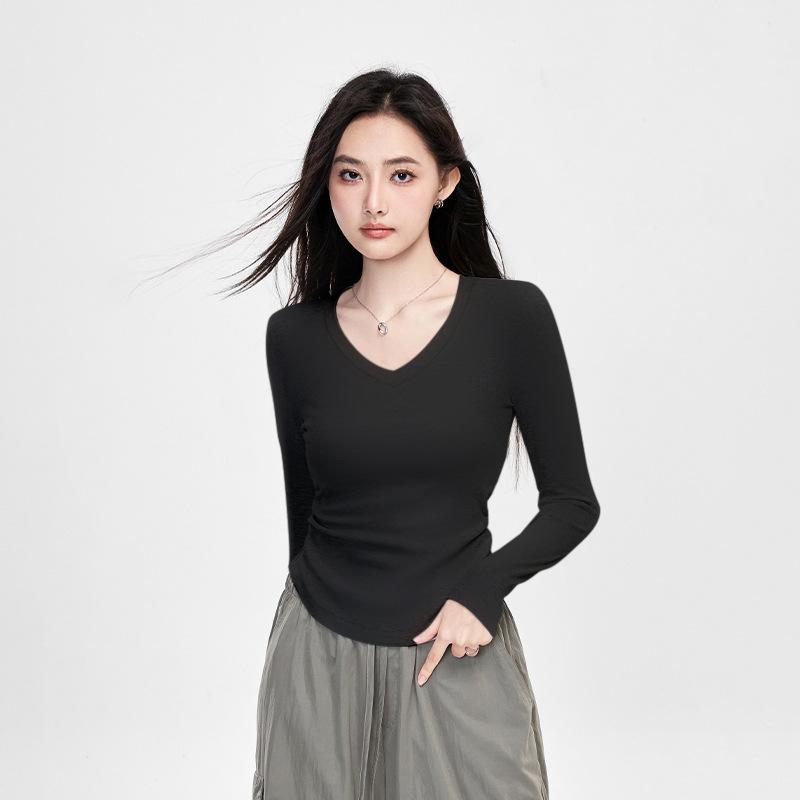 

V-neck Knitted Simple Long-sleeved Base Shirt for Women s Spring and Summer New Threaded Side Pleated Slim Design Top S