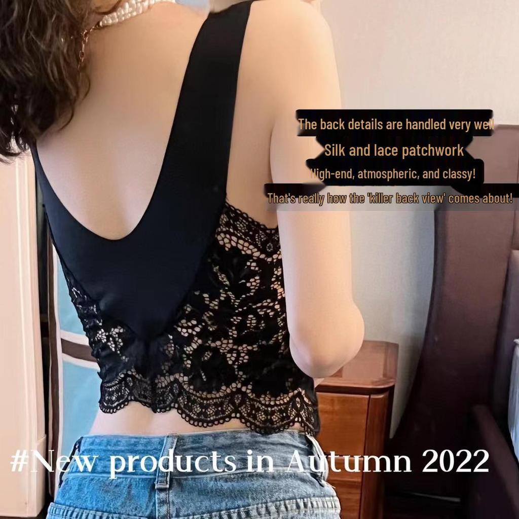 6060 Lace V-Neck Ice Silk Backless Tank Top with Integrated Cup Lingerie
