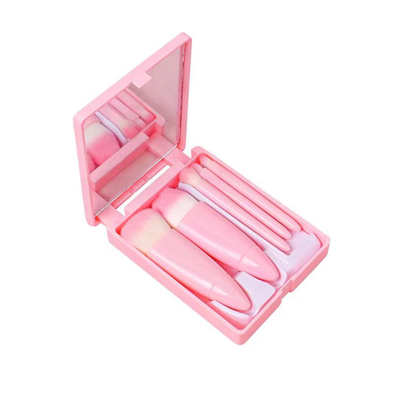 5-Piece Portable Makeup Brush Set with Mirror - Multifunctional Beauty Tool for Powder and Blush