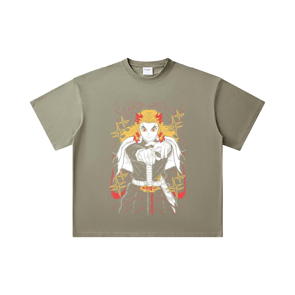 260 GSM Double Yarn 32 Count 100% Cotton Demon Slayer V43 Rengoku Print Unisex Heavy Cotton T Shirt