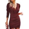 LYRIA Women's Sexy Mini Dresses Spring Autumn V-Neck Long Sleeved Slim Dress Solid Color Pleated Party Dress Vestidos Cortos
