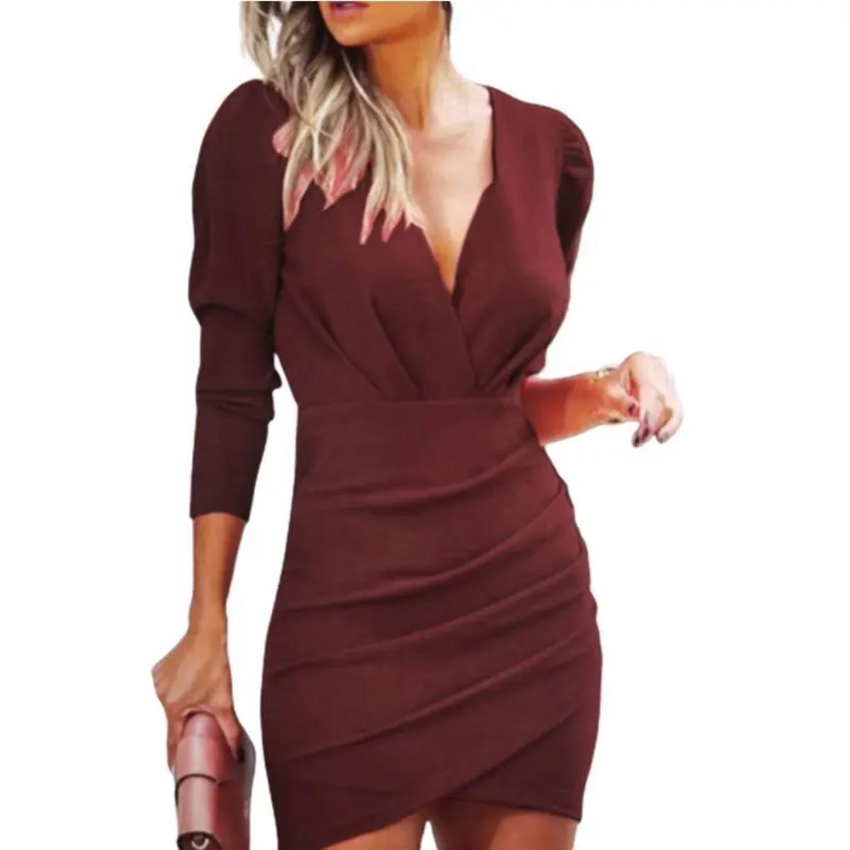 

Women s Sexy Mini Dresses Spring Autumn V-Neck Long Sleeved Slim Dress Solid Color Pleated Party Dress Vestidos Cortos S