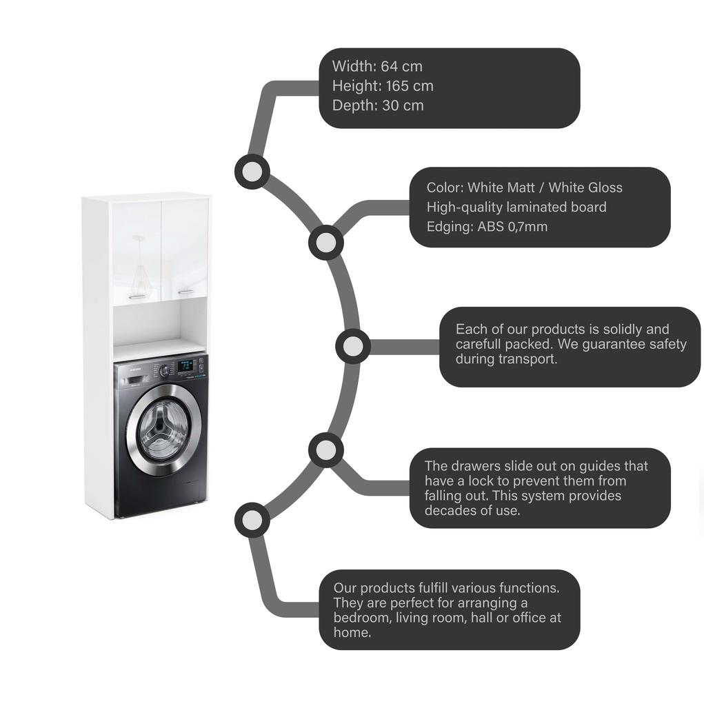 Washing Machine Cabinet White Gloss 64 CM Standing Bathroom Cabinet Column