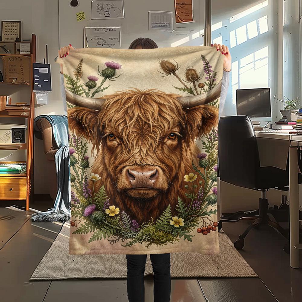 1PC High Mountain Cattle Print FlAannel Blanket, High quality Comfortable for All Seasons, Home Decor, Warmth and Comfort