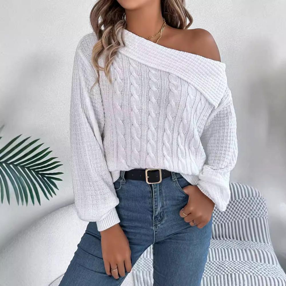 Women's Sweatshirt: Casual and Sensual Collared Off-the-Shoulder Cable-Knit Long-Sleeved Pullover Top
