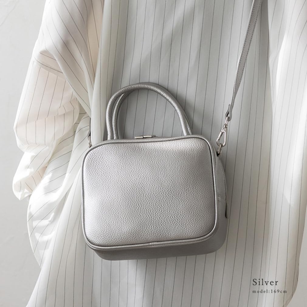 Gratante Genuine Cowhide Leather 2-Way Cube Bag, Handbag, Women's Commuter Bag (Silver)