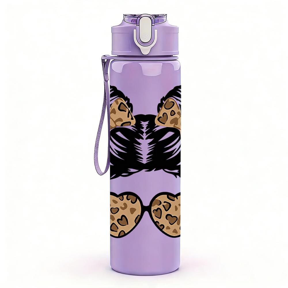 1PC Leopard Space Bun Sunglasses Graphic,750ml Color Plastic Sports Water Bottle,Leakproof Flip Straw Lid,Suitable for Sports Office Home Use