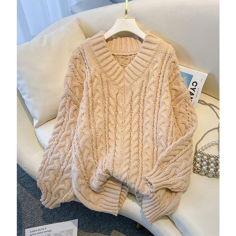 Harajuku Sweater Women Fashion Oversized Pink V-Neck Knitted Pullovers Korean Long Sleeve Knitwear Winter Casual Jumpers