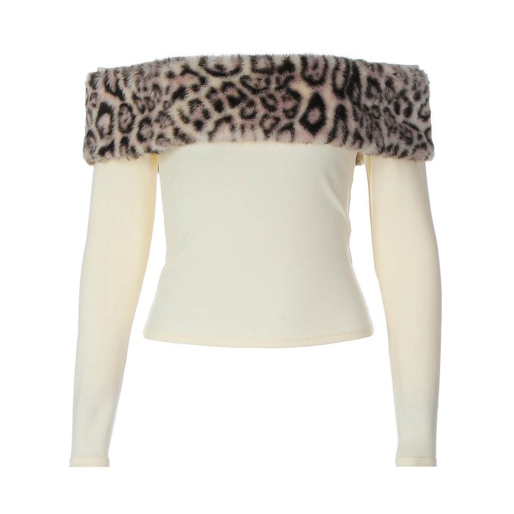 European and American Autumn New Women's Clothing Sexy Spice Girl Style Leopard Print Splicing One-word Shoulder Long-sleeved Top T-shirt