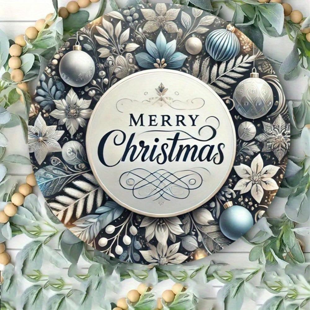 Blue Vintage Iron Merry Christmas Wreath Wall Art Plaque 8x8 Inch Home Cafe Decor