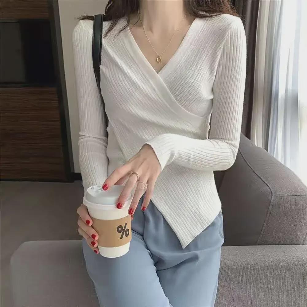 Core-Spun Yarn V-Neck Slim Fit Long-Sleeve Sweater - 2025 Korean Style Pullover