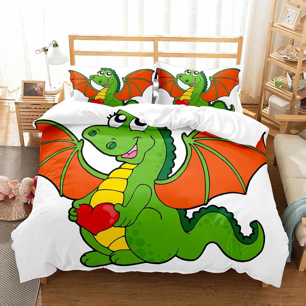 Copripiumino Re Regina Drago Cartone Animato Set Biancheria da Letto Animali Bambini Ragazzi Copripiumino Creatura Magica Carina Copripiumino Poliestere