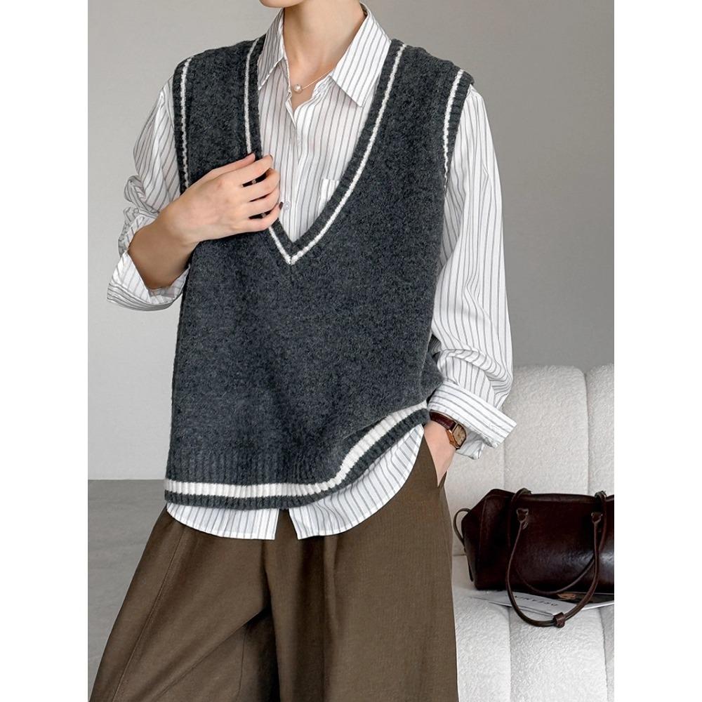 

DIMANAF 2025 Свитер-жилет больших размеров Осень Женский Однотонный V-образный вырез Вязаный Свободный Серый Бежевый Свитер one size