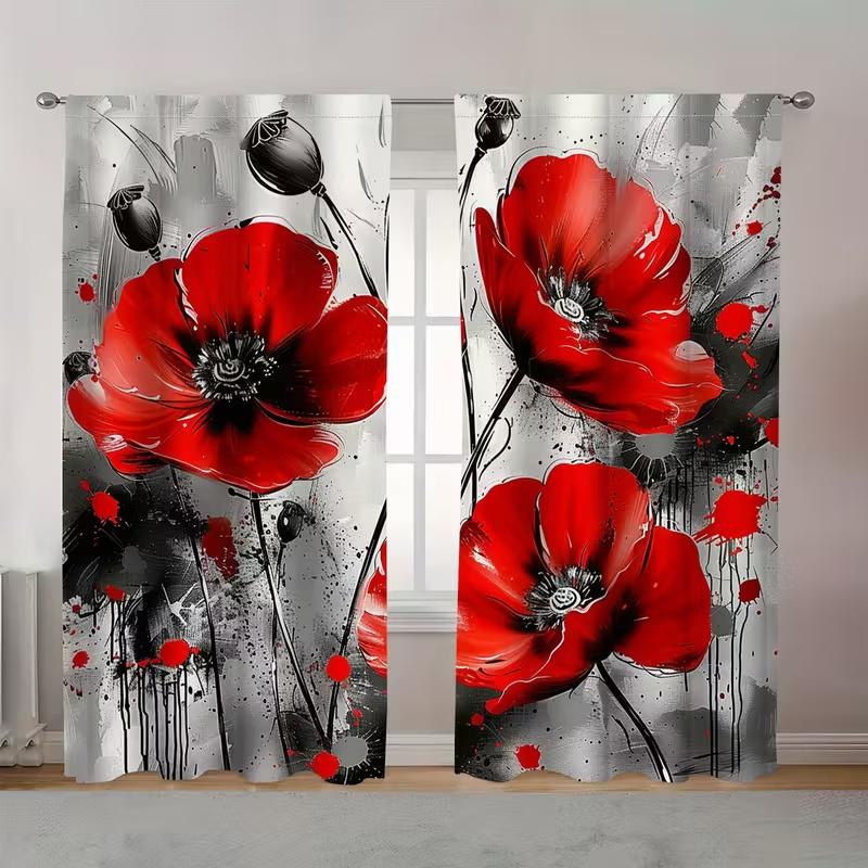 2 Pcs Dark red flowers print curtains,suitable for bedroom,living room kitchen decoration,home decoration,window decoration