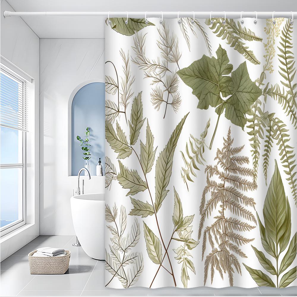 Textile Article Green/Brown/Beige Realistic Fern Leaf Shower Curtain, - Digital Drawing, Nature-Inspired Bathroom Decor