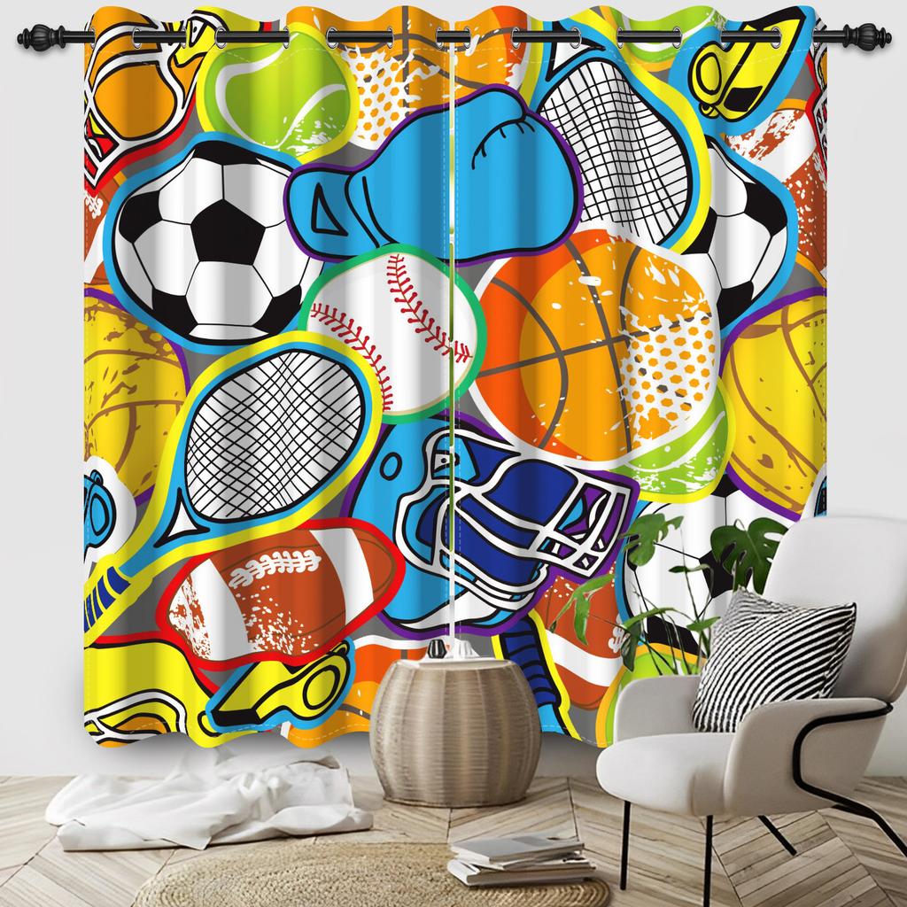 3D Printed Window Curtains Football Graffiti Art Children Blackout Curtain 2pcs/set for Bedroom Living Room Decoration Curtains