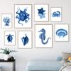 Nautisches Aquarell, Koralle, Algen, Krabbe, Oktopus, Muschel, Marineblau, Poster und Drucke, Wandkunst, Leinwand, Malerei, Wohnzimmer, Heimdekoration
