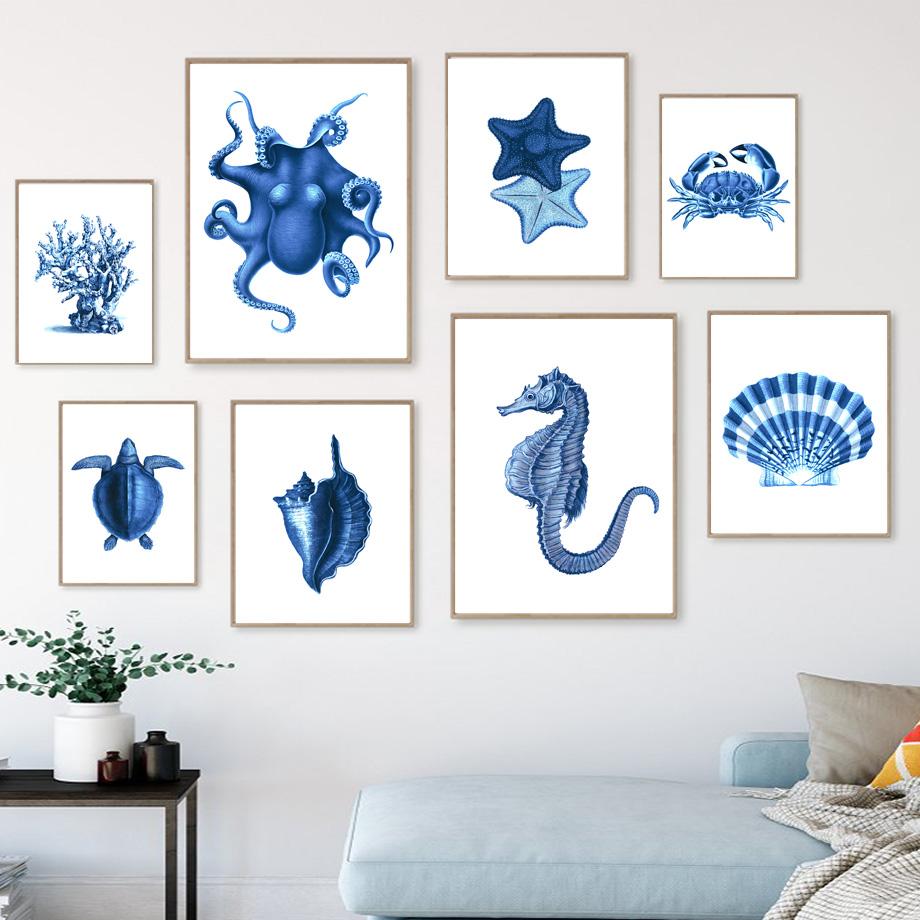 Nautical Watercolor Coral Seaweed Crab Octopus Shell Navy Blue Poster And Prints Wall Art Canvas Painting Living Room Home Decor