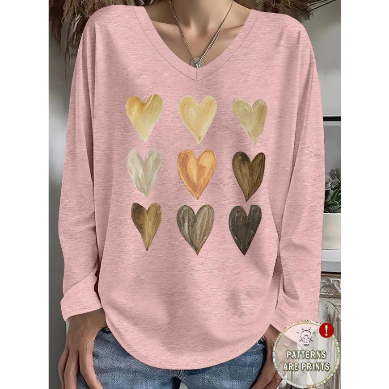 Spring And Summer Plus Size Women'S Fashion Pattern Easy Heart Print Casual V-Neck Long-Sleeved T-Shirt
