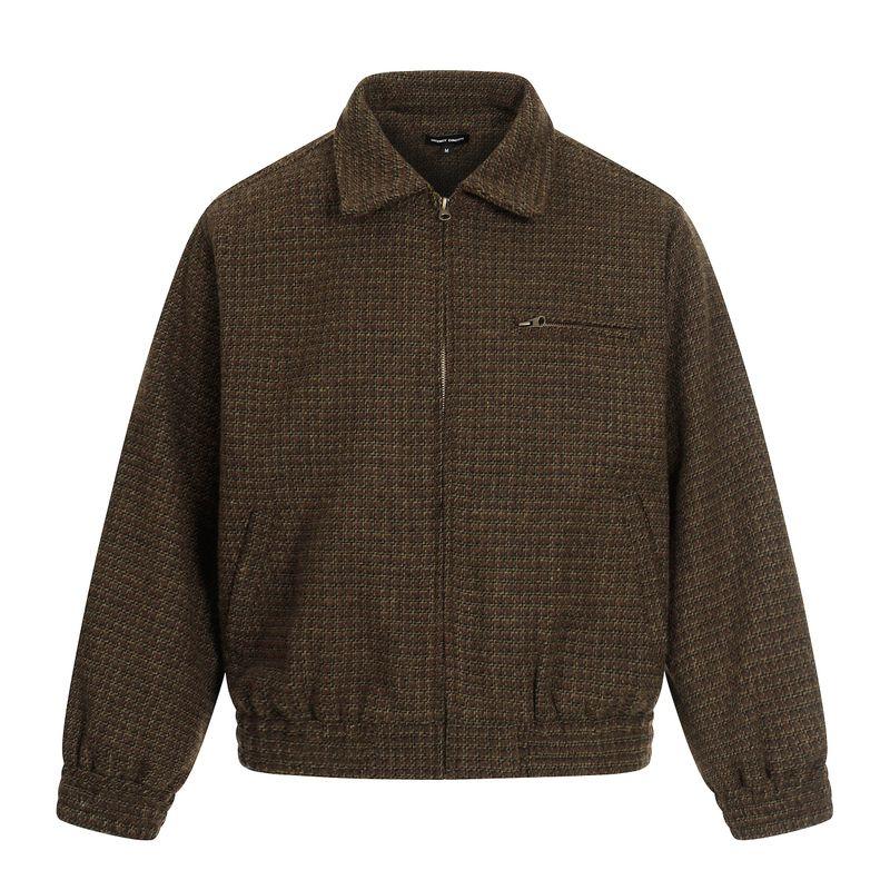 

Kisko American Retro Houndstooth Harrington Lapel Jacket for Men and Women, High-End Cleanfit Loose Coat Brown XL