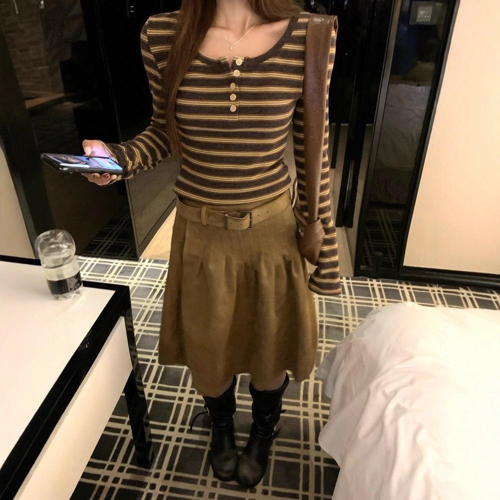 Coffee Crew Neck Striped Long Sleeve T-Shirt Women's Autumn and Winter Korean Spice Girls Slim-fit Inner Bottom Versatile Skinny Top