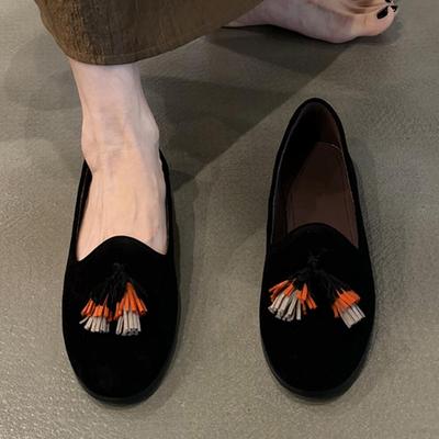Versione in pelle di pecora~ mocassini a fondo piatto con frange in camoscio di nicchia retrò con punta arrotondata da donna nuovi autunnali 2025 scarpe singole versatili
