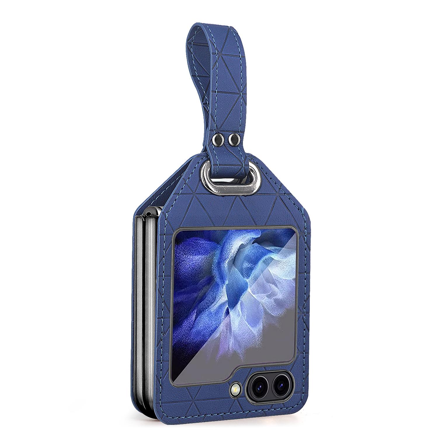 

For Samsung Galaxy Z Flip5 5G Case Rhombus Texture Leather+PC Phone Cover Strap Kickstand Blue