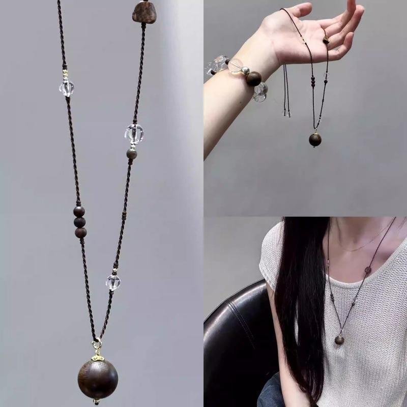 Original Natural Agarwood Large Bead Pendant with Braided Rope Sweater Chain, White Crystal Necklace, New Chinese Style Gift for Men and Women