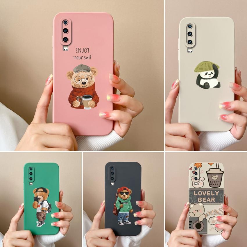 Phone Case For Huawei P30 Y5 P40 Y6 Y9 Y9A Y7 P60 Lens Protection Cute Doll Bear Pattern Liquid Silicone Soft Cover For Huawei Dustproof Bumper Casing