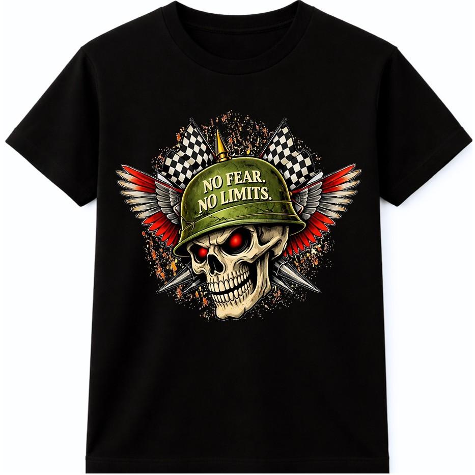 Skull Biker T Shirt No Fear No Limits Winged Helmet Racing Flags Graphic Tee M