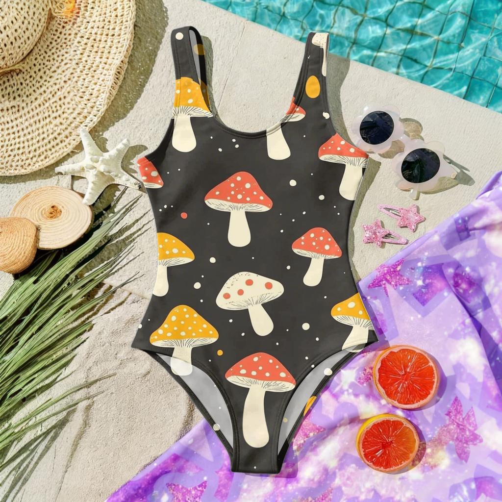 Maiô Infantil de Peça Única Verão Moda Casual Sem Mangas com Estampa de Cogumelos Adequado para Praia Piscina Atividades Aquáticas