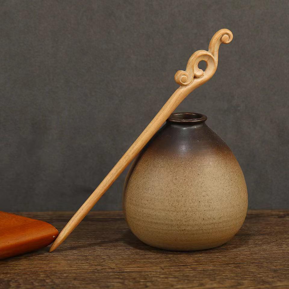 Peach Wood Double-Sided Carved Hairpin for Qipao Hanfu Updo - Ancient Style Accessory