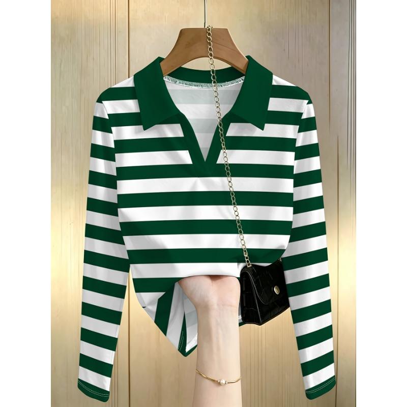 Nouveau haut de base à col en V Printemps/Automne avec Rayures Larges Contrastées Vertes et Blanches