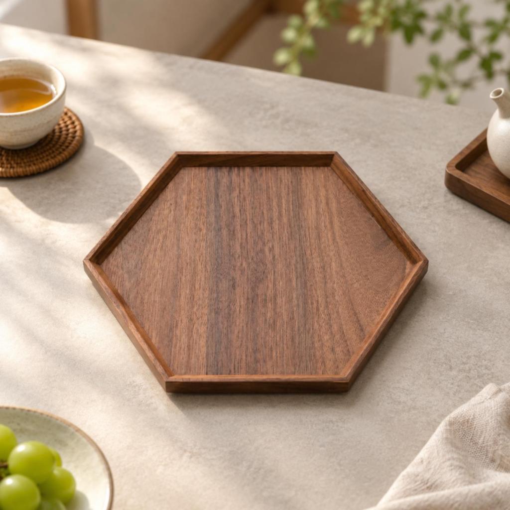 Black Walnut Serving Tray Elegant Hexagonal Wooden Space-Saving for