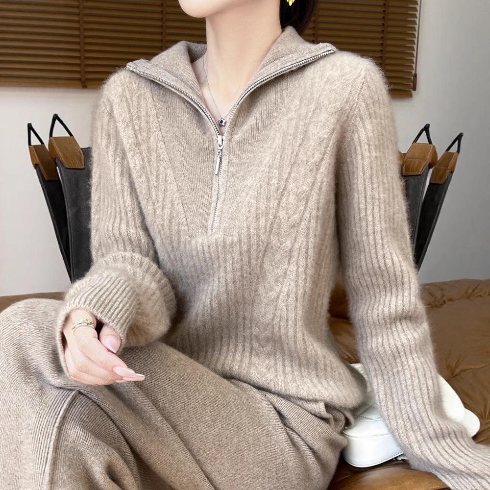 Women's High-Neck 100% Wool Cable Knit Sweater - Thickened Long Sleeve Zipper Pullover for Autumn & Winter