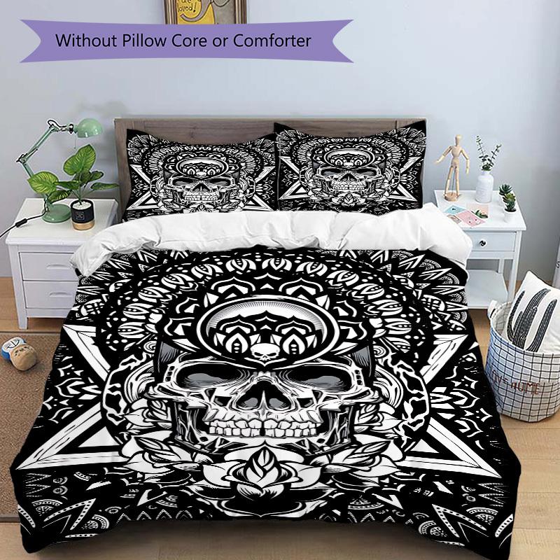3pcs Skull Mandala Art Duvet Cover Set, Cover For Bedroom Guest Room (1 Duvet Cover + 2 Pillowcase, Without Quilt), Yy250922146