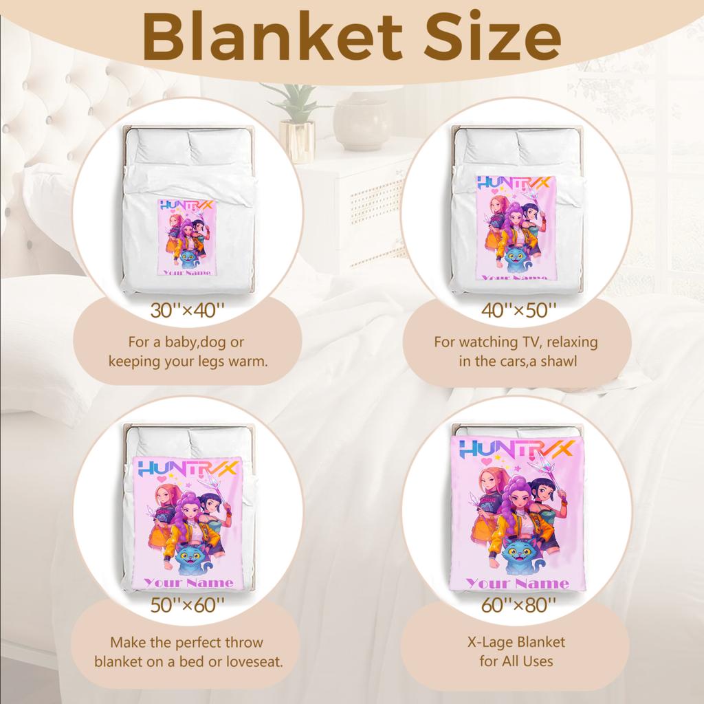 Personalized Name K-Pop Demon Hunters Huntrix Flannel Blankets Travel Bedroom Sofa Bithday Gifts For Kids Soft Throw Blanket