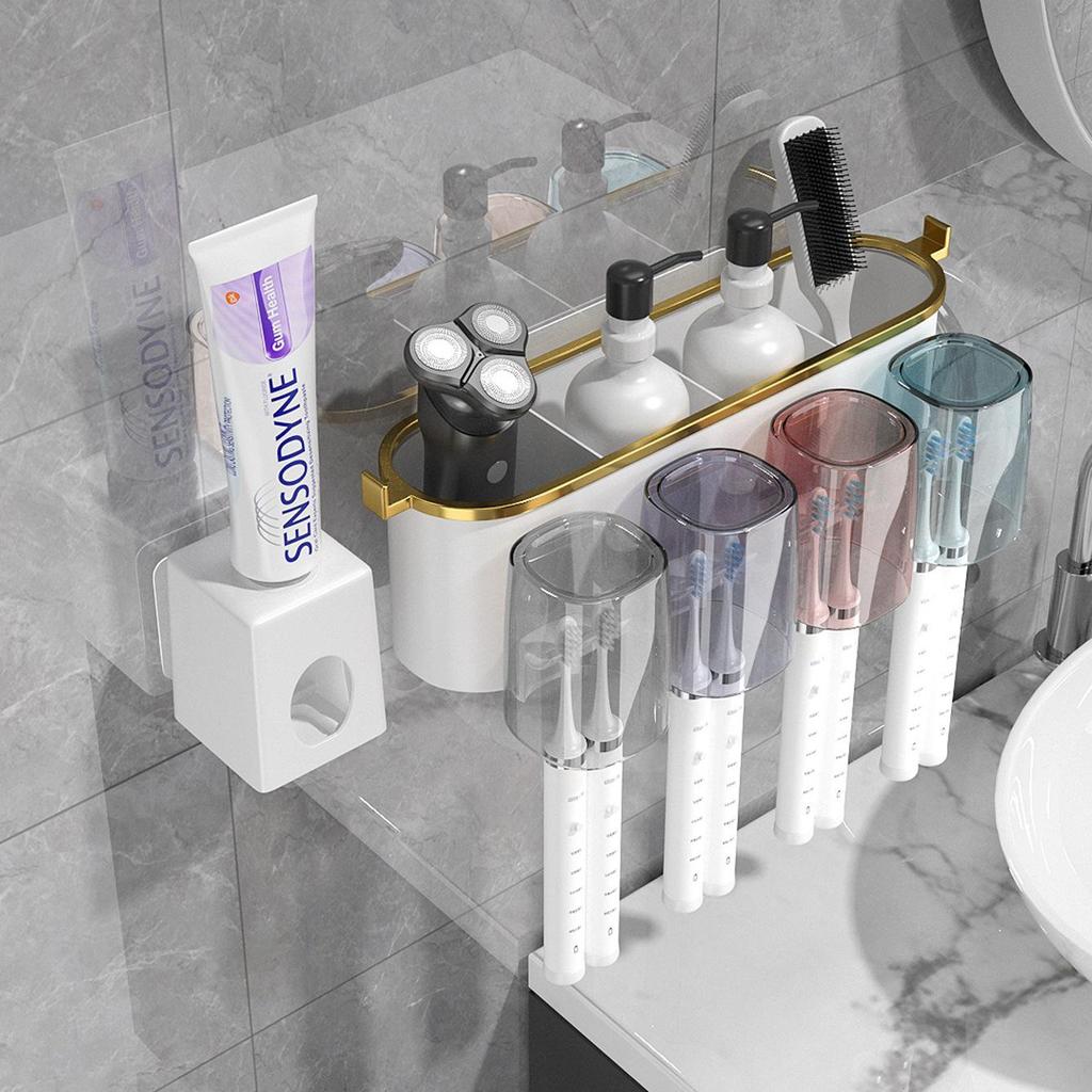 Gold Plated Wall-Mounted Toothbrush & Toothpaste Holder with Mouthwash Cup