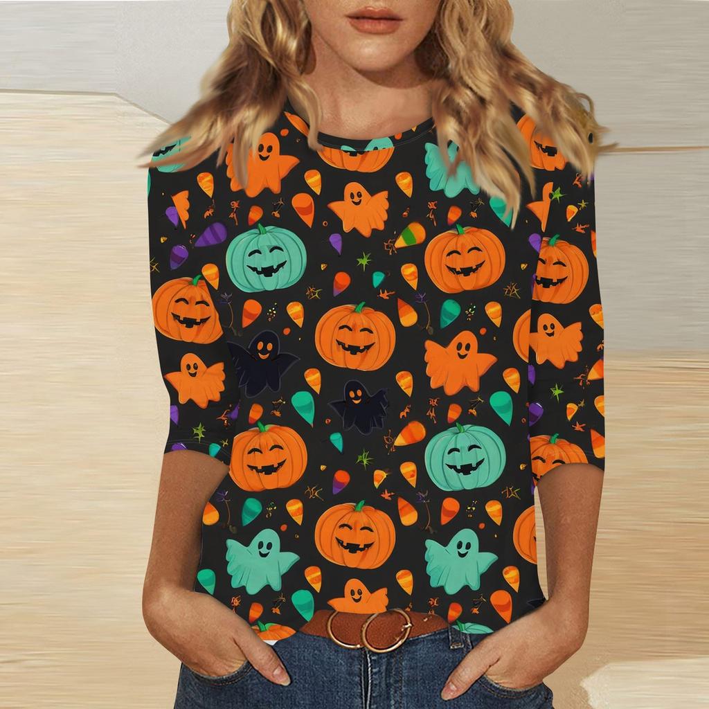 Women's Fashion Casual Three-quarter Sleeve Halloween Printed Round Neck Top