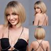 Womens Short Bob Wig With Bangs Gradient Gold Synthetic Hair Daily Use
