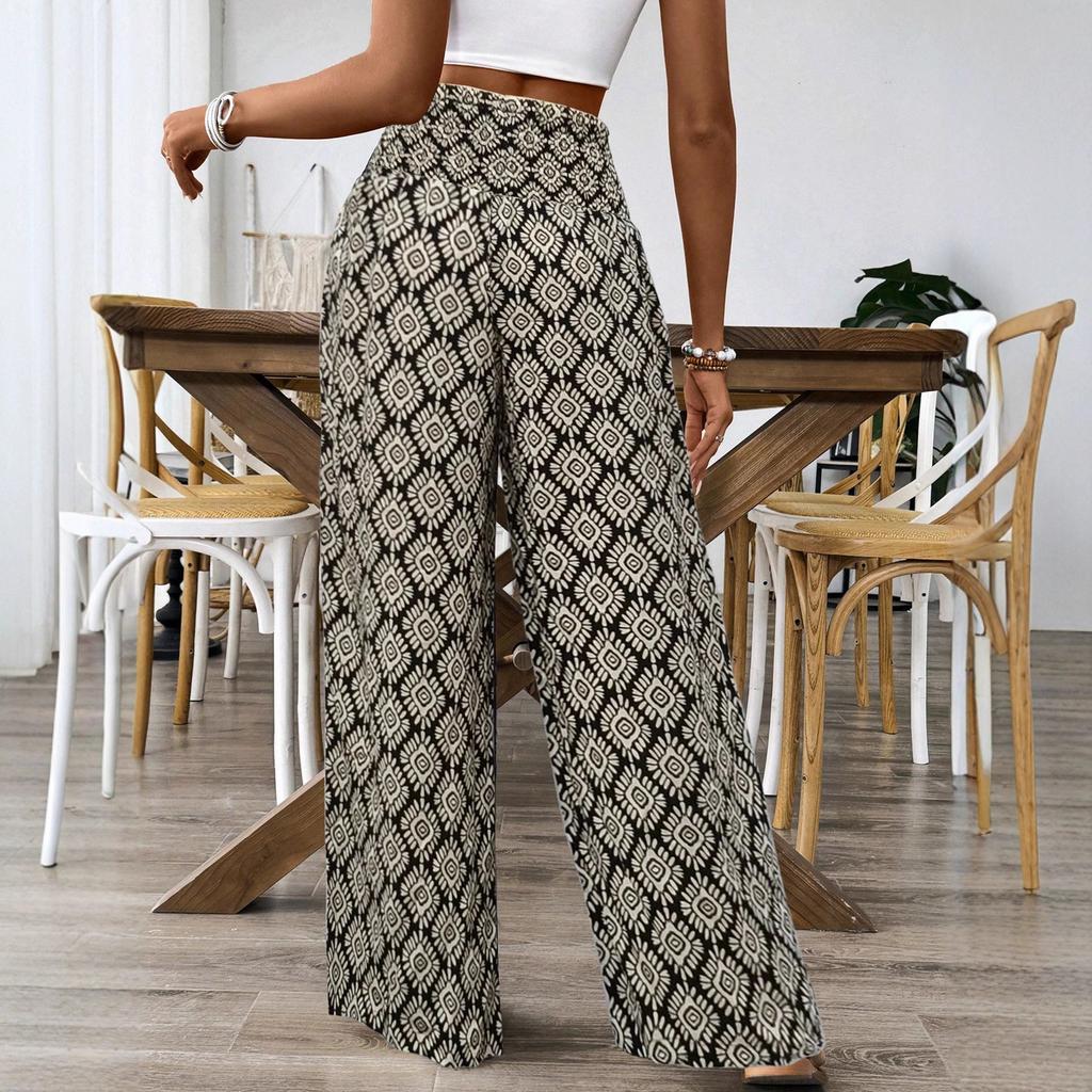 High Waist Printed Wide Leg Pants Women's Elastic Waist Casual Pants Bohemian Pants