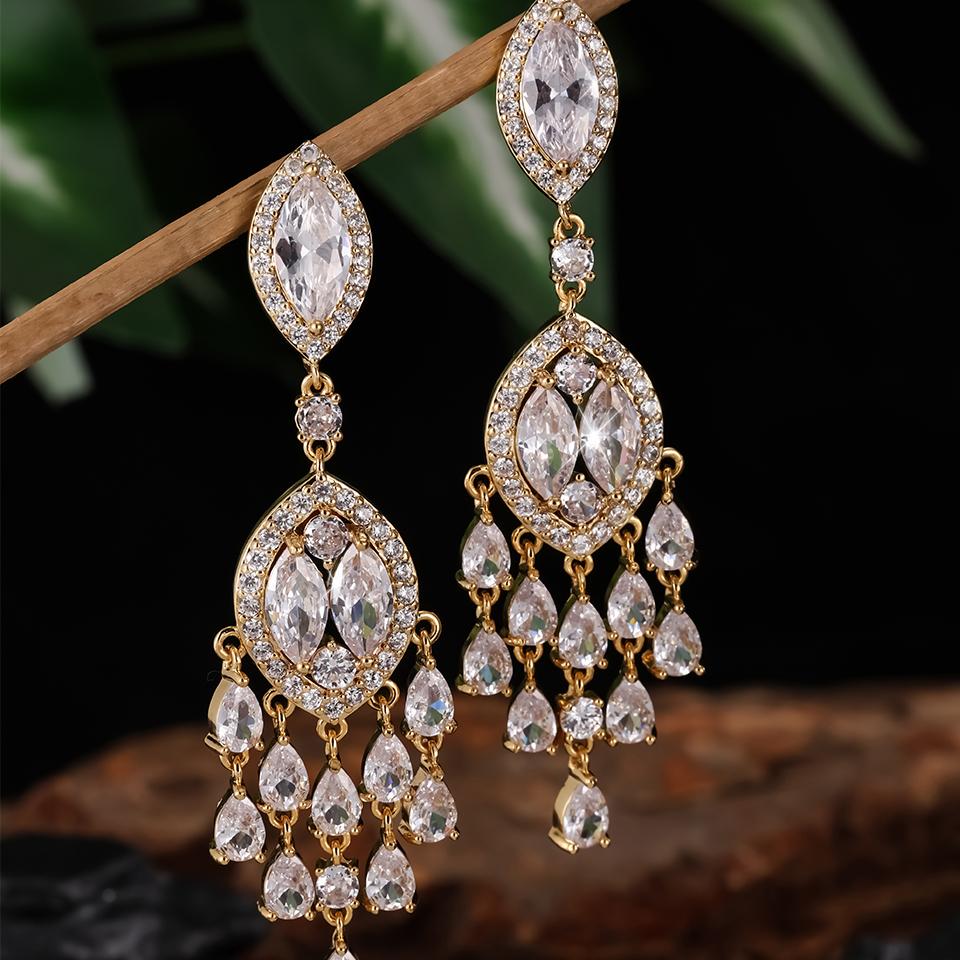 Luxury Leaf Marquise Zircon Long Drop Dangle Earrings Shiny AAA Cubic Zirconia Bridal Women's Wedding Party Zircon Accessories