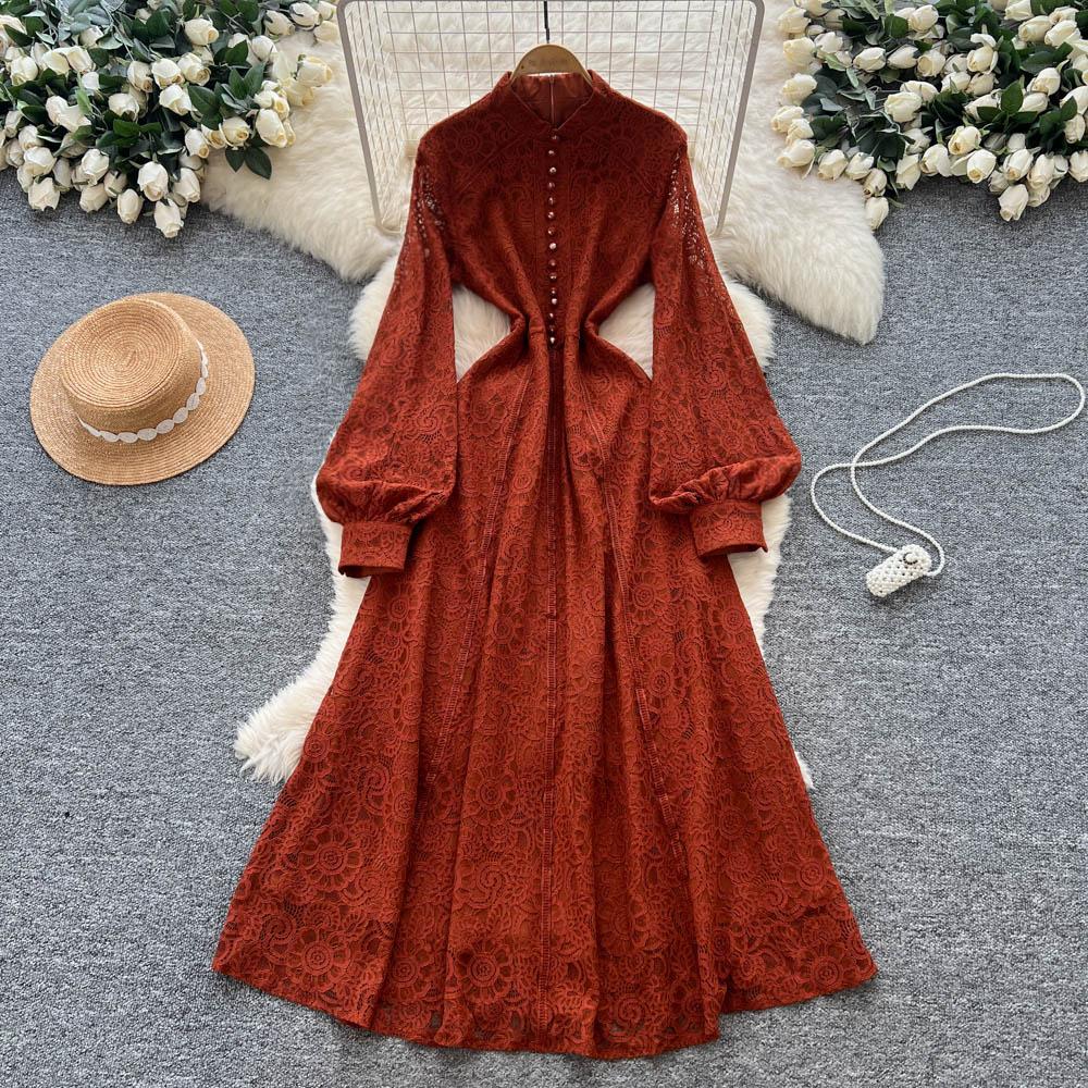 French Court Style Dress Women's Autumn High-end Single-breasted Waist and Thin Temperament Lace Long Dresses