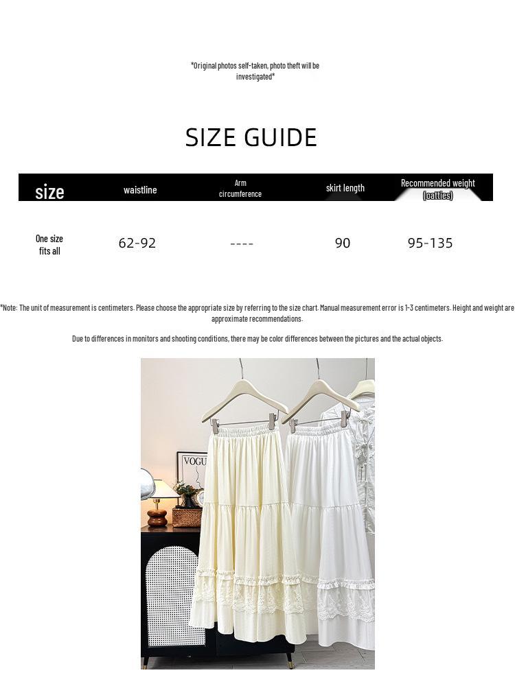 Elegant Lace-Trimmed White Midi Skirt for Women - Spring/Summer 2026 Collection, Slimming Layered Cake Design