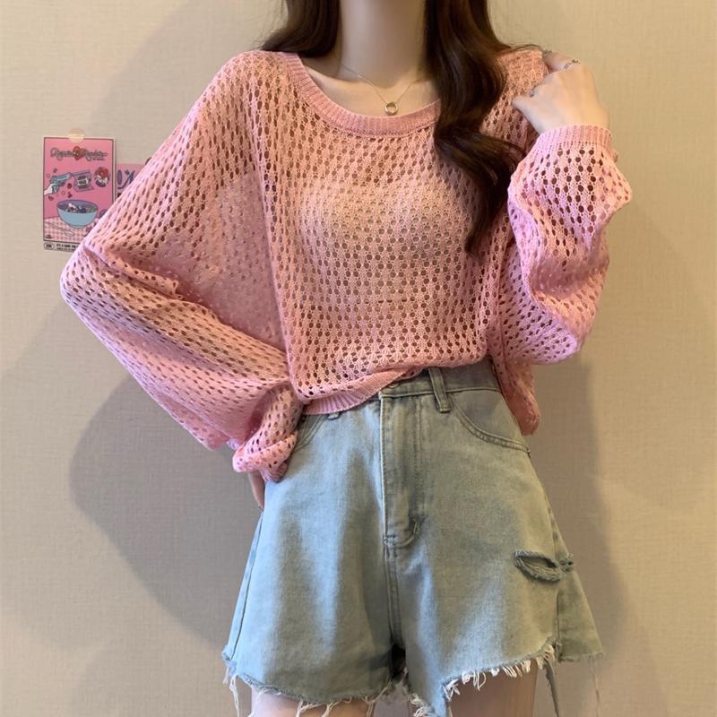 

Топ с длинным рукавом и вырезами, короткий, женский, летний, дофаминовый, тонкий, с защитой от солнца, накидка, приталенная футболка, трикотаж XL розовый