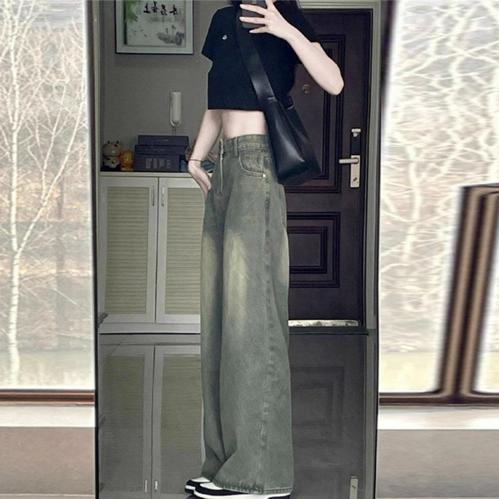 Design Sense Abrasion Straight Mopping Pants Summer High-waisted Vintage Blue Loose Skinny Wide-legged Jeans Women's Retro Baggy Long Jeans for Ladies