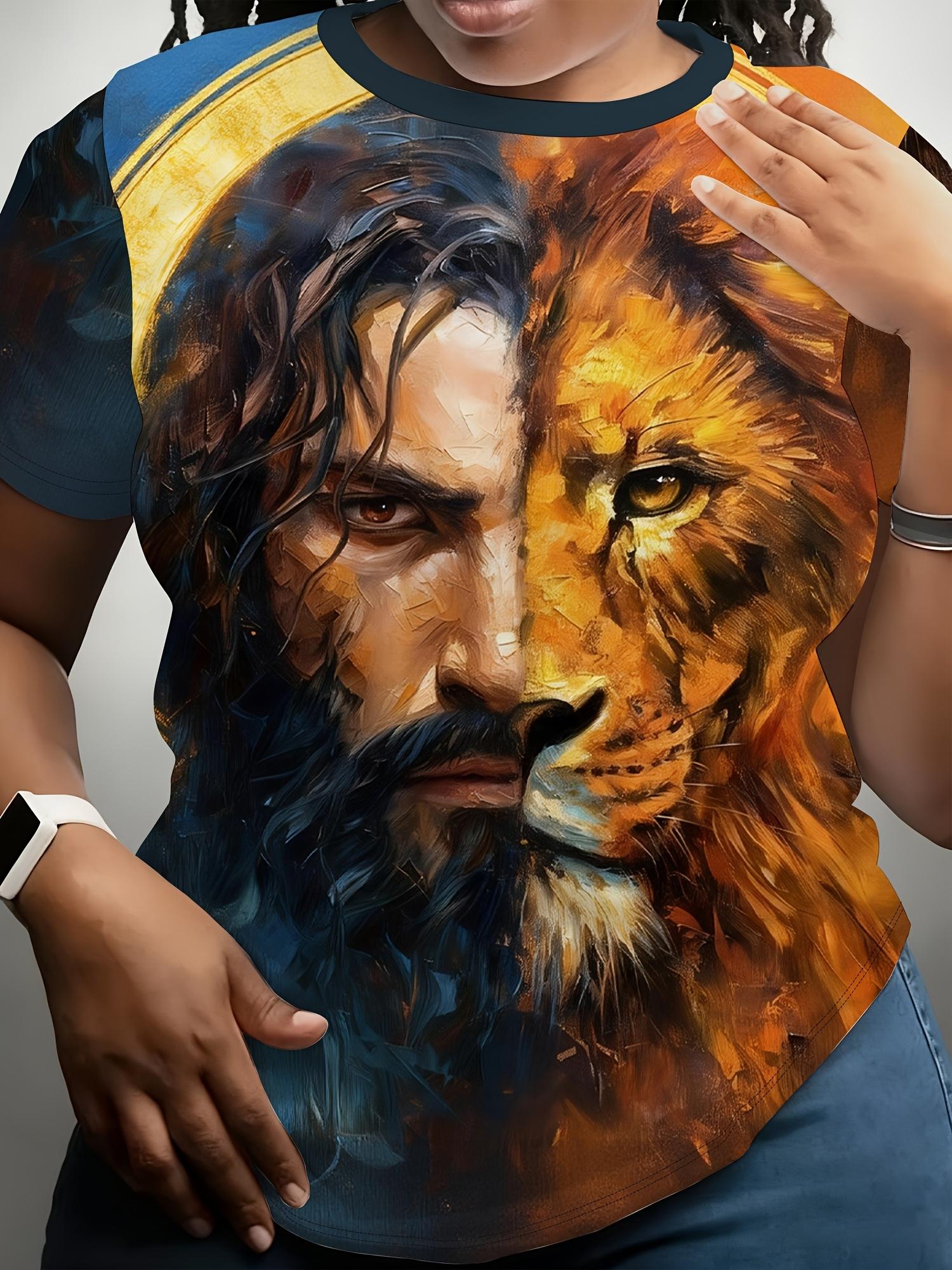 

Women s Blue and Orange Color-blocked Short-sleeve T-shirt. Featuring a Full Print of an Oil Painting Background. Decorated with a Half-face of Jesus L дубильная кора