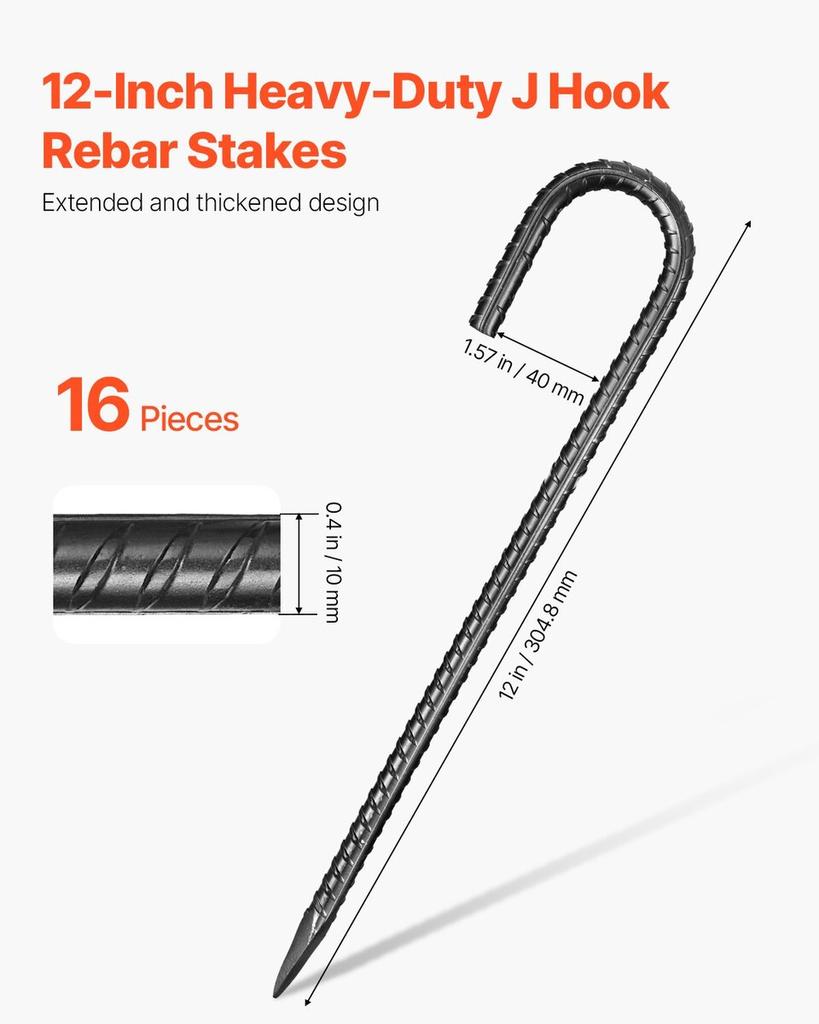 12-Inch 16 Pack Rebar Stakes Heavy Duty J Hook Galvanized Ground Anchors